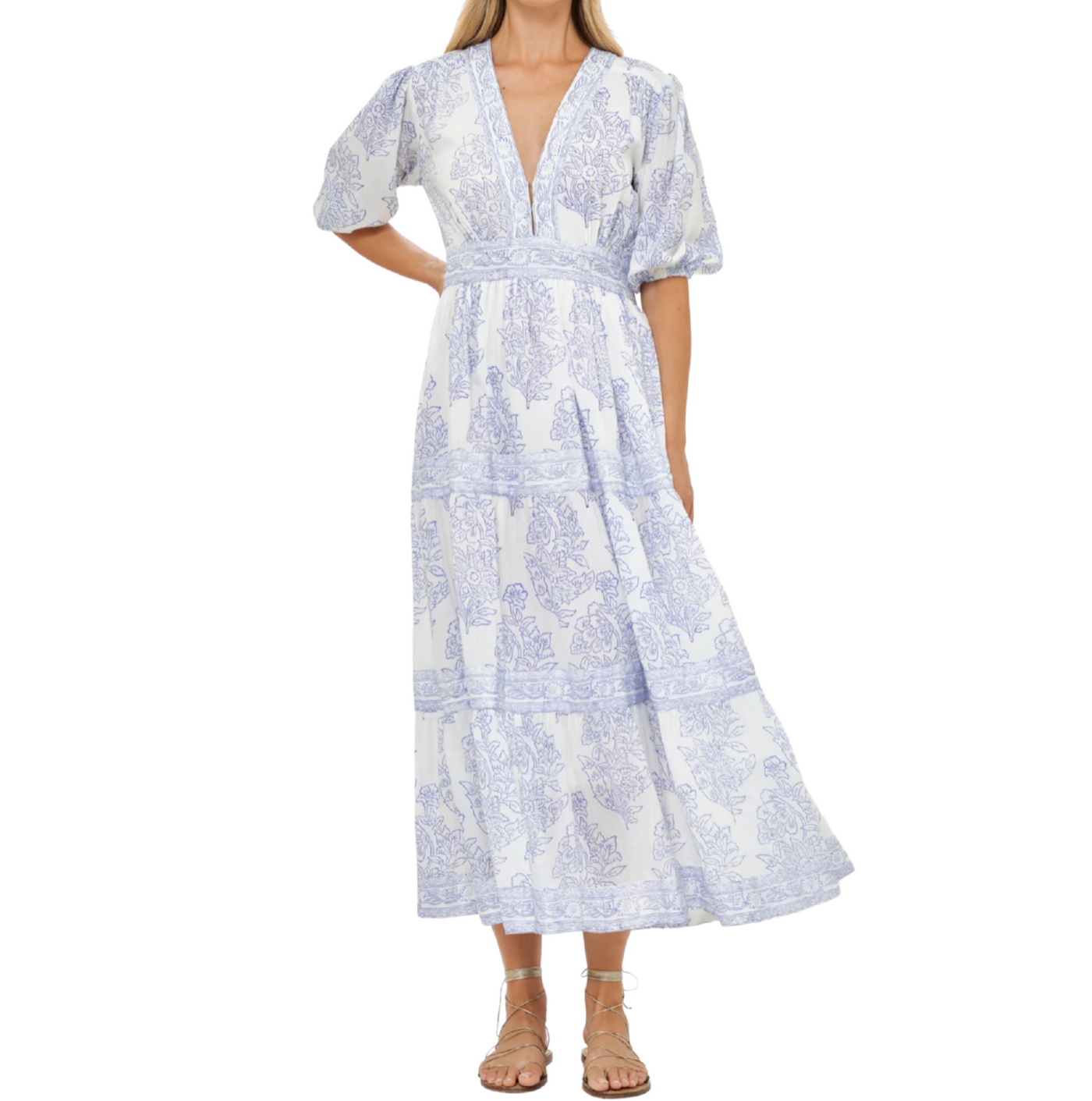 V-Neck Puff Maxi - Amadora Blue