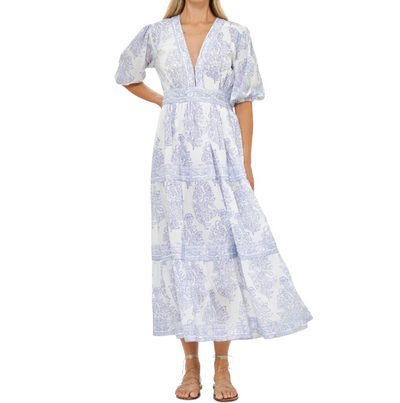 V-Neck Puff Maxi - Amadora Blue