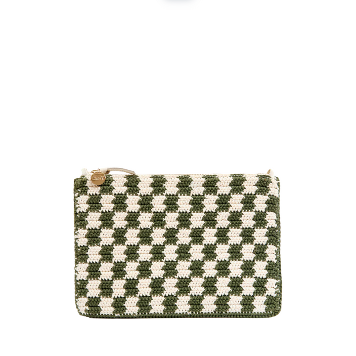 Flat Clutch w/ Tabs - Olive & Cream Crochet Mini Checker