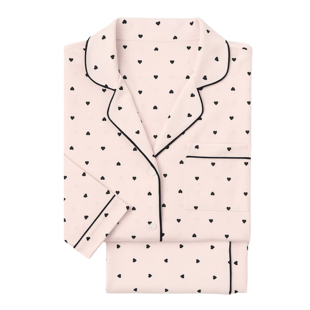 Gisele Printed Long PJ Set- Little Heart Sorbet Pink/Black