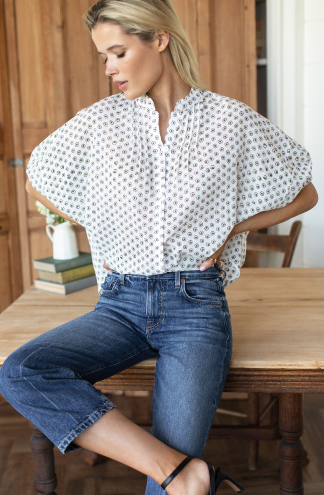 Mandarin Collar Top - Signet Olive Organic