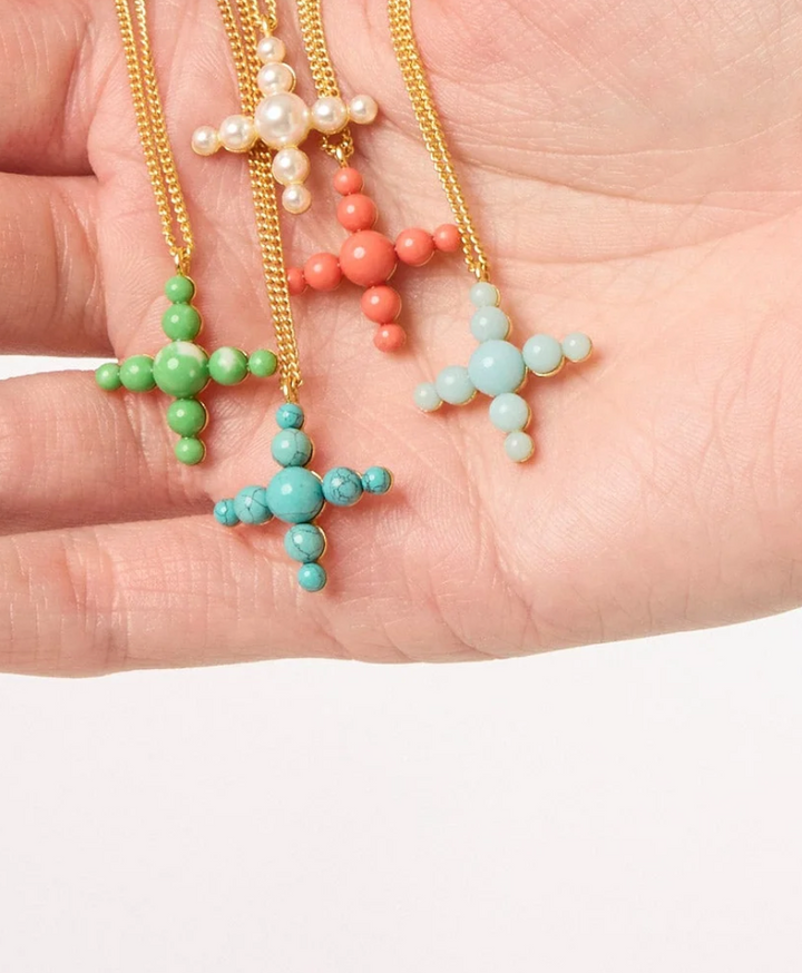 Gumdrop Cross Delicate Necklace - Gold - Turquoise Blue