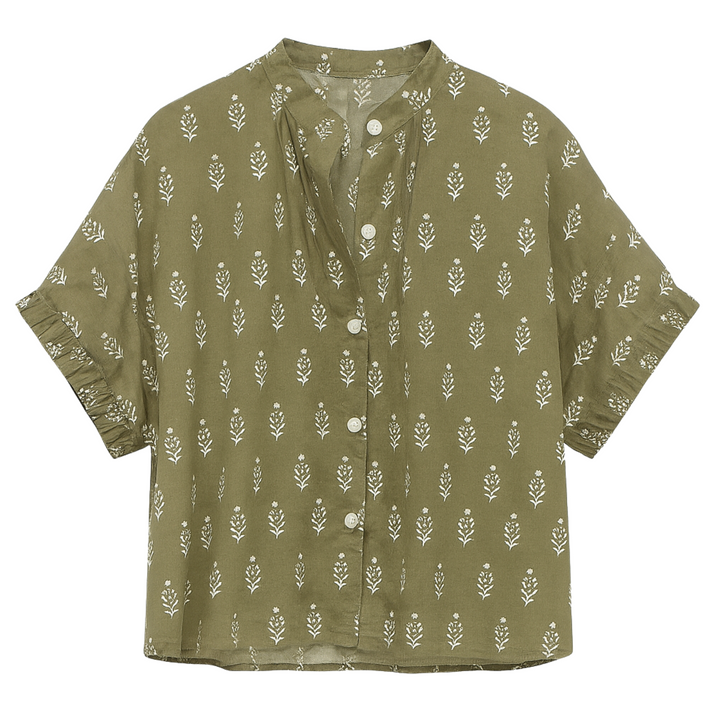 Mandarin Collar Top - Marguerite Gothic Olive Organic