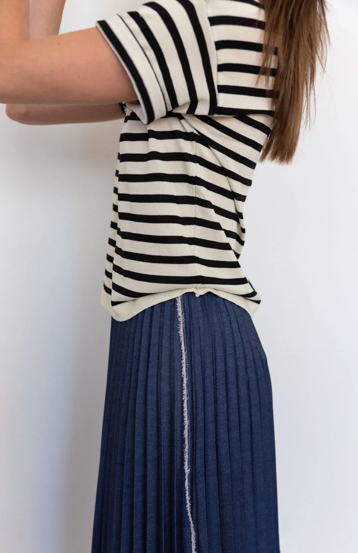 Denim Pinstripe Pleat Skirt - Grey/Indigo