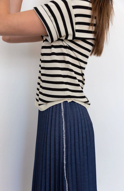 Denim Pinstripe Pleat Skirt - Grey/Indigo