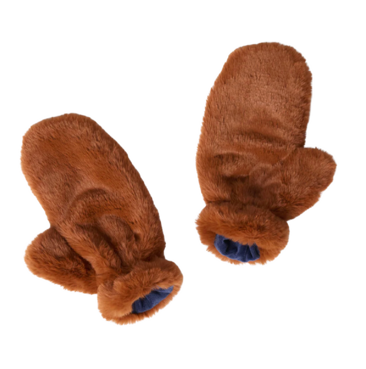 Cozy Cabin Faux Fur Mittens - Camel/Navy