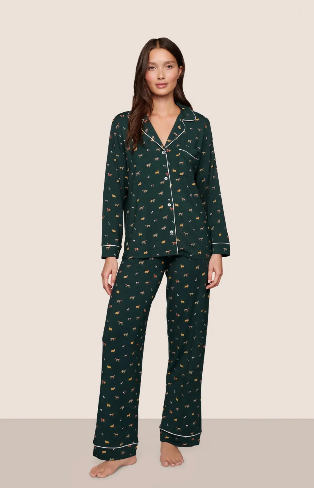 Gisele Printed Long PJ Set - Pine/Ivory