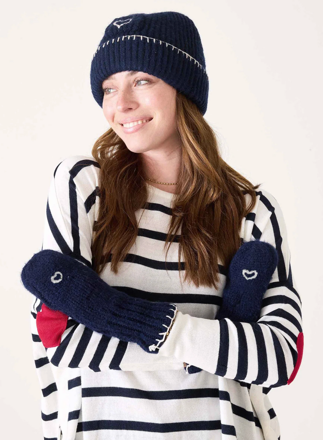Sailor Love Whipstitch Flip Top Mittens - Navy/Heathered Cream