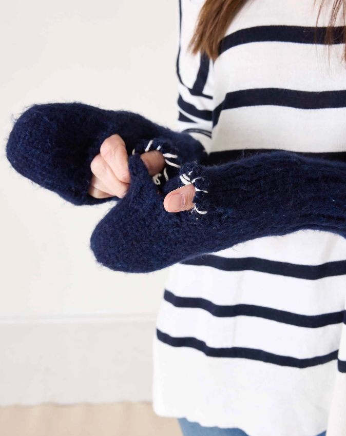 Sailor Love Whipstitch Flip Top Mittens - Navy/Heathered Cream