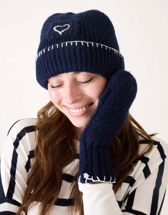 Sailor Love Whipstitch Flip Top Mittens - Navy/Heathered Cream