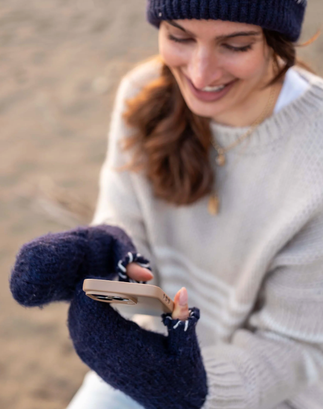 Sailor Love Whipstitch Flip Top Mittens - Navy/Heathered Cream