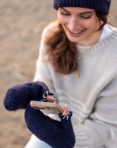 Sailor Love Whipstitch Flip Top Mittens - Navy/Heathered Cream