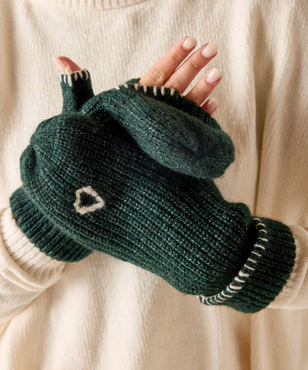 Sailor Love Whipstitch Flip Top Mittens - Green/Heathered Cream