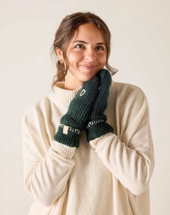 Sailor Love Whipstitch Flip Top Mittens - Green/Heathered Cream