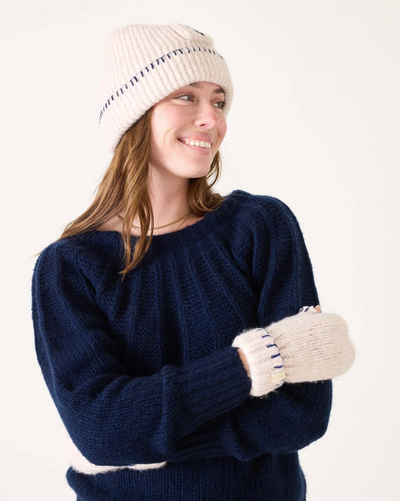 Sailor Love Whipstitch Flip Top Mittens - Heathered Cream/Navy