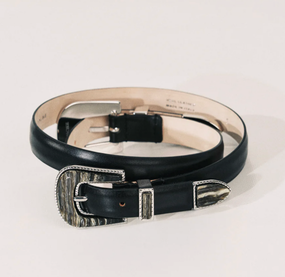 Travertine Double Buckle - Deep Brown/Onyx Inlay/Silver