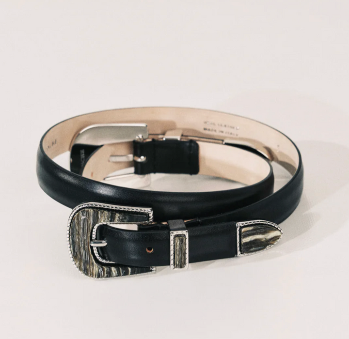Travertine Double Buckle - Deep Brown/Onyx Inlay/Silver