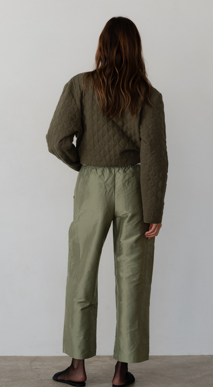 The Taffeta Drawstring Cargo Pant - Oregano