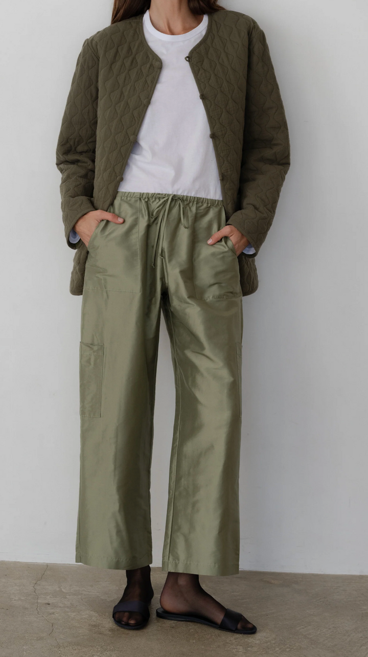 The Taffeta Drawstring Cargo Pant - Oregano