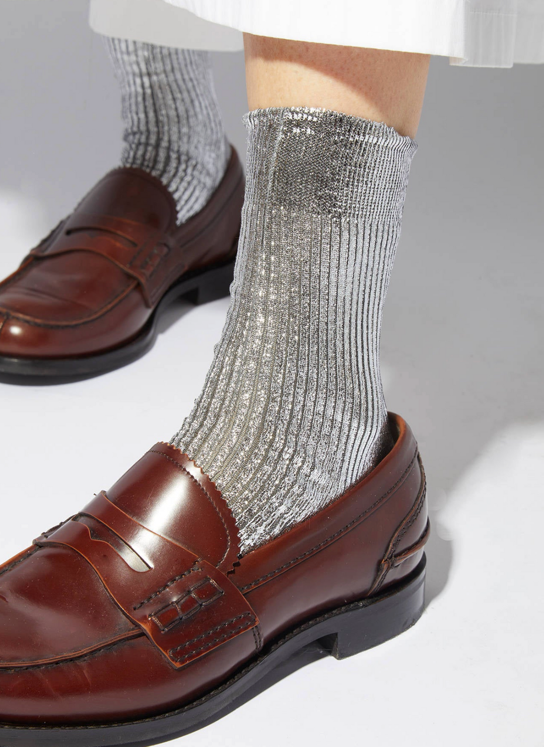 One Ribbed Laminated Sock - Silver