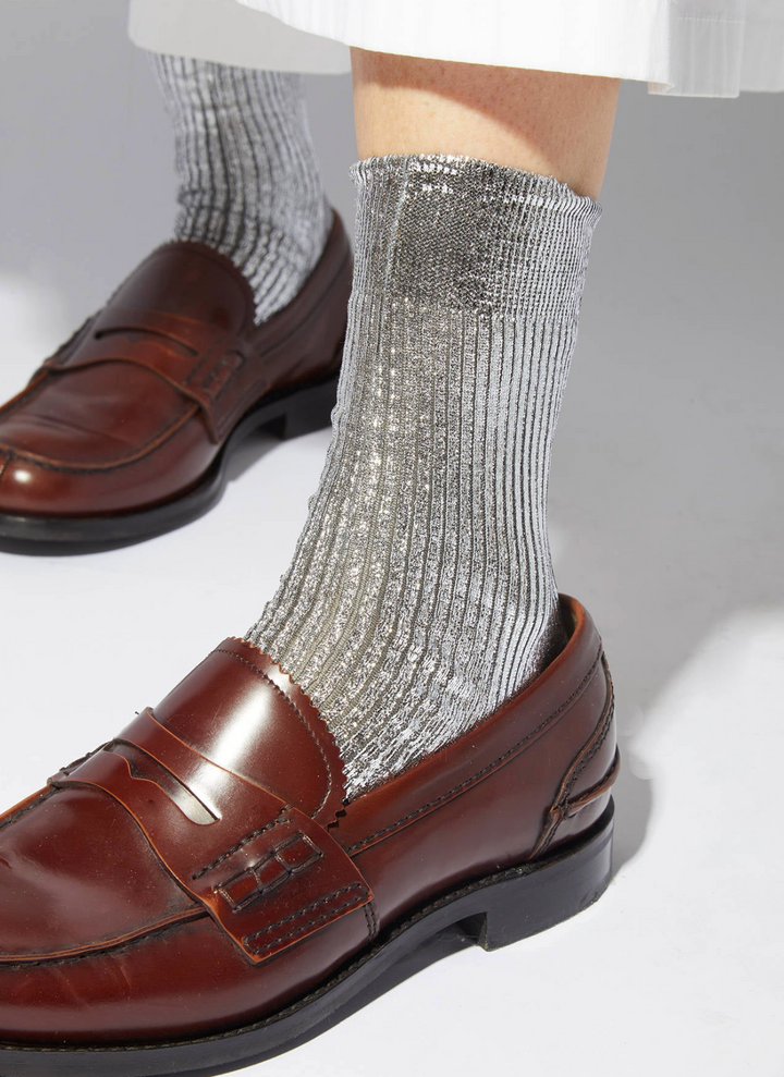 One Ribbed Laminated Sock - Silver