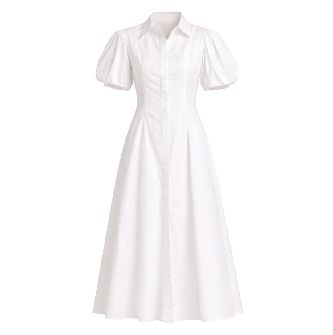 White Puff-Sleeve Midi Dress M White Puff-Sleeve Midi Dress M