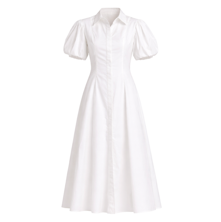 Puff-Sleeve Midi Dress - White