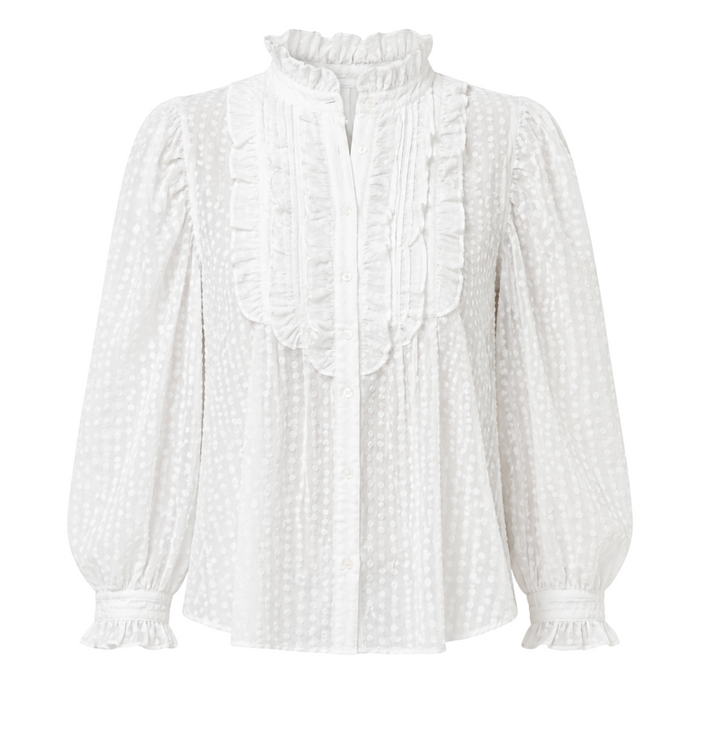 Ruffle Front Button Blouse - Domino White
