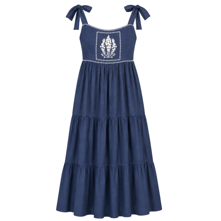 Sara Tier Dress - Blue Indigo + White Embroidery Linen