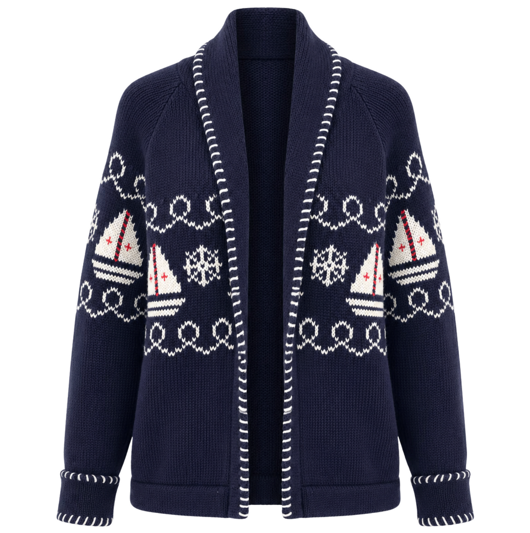 Nautical Intarsia Shawl Cardigan - Navy