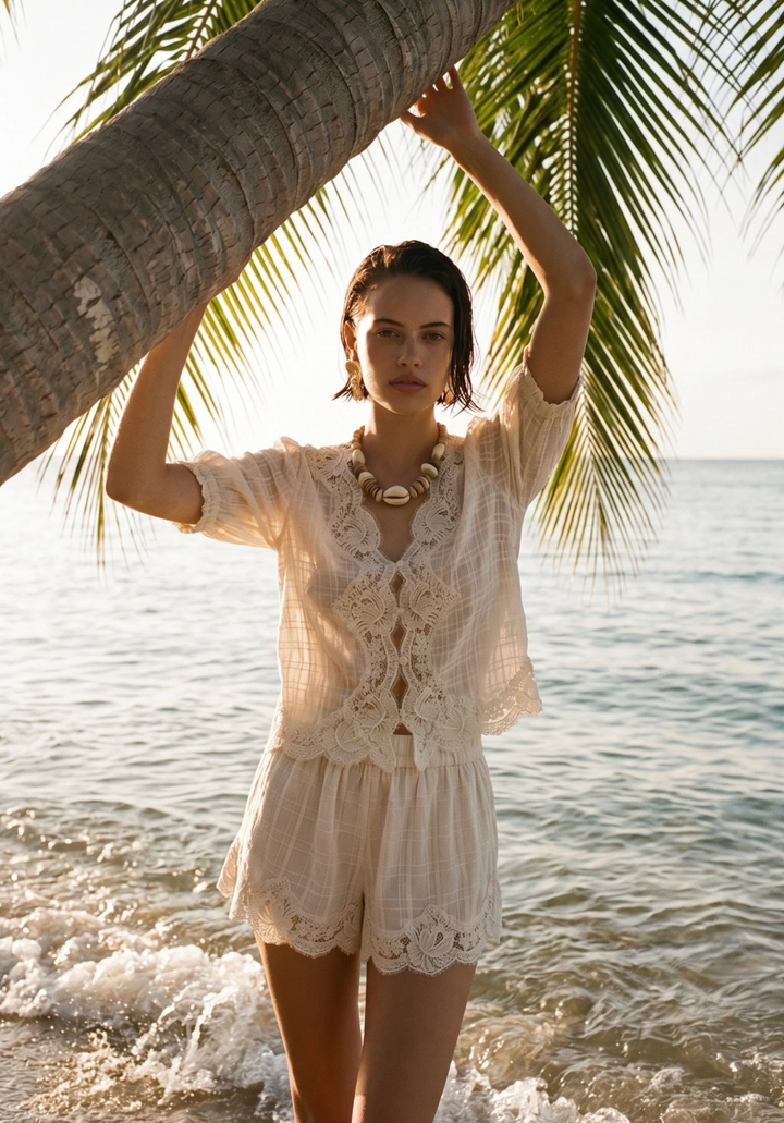 Junie Cotton Plaid Top- White
