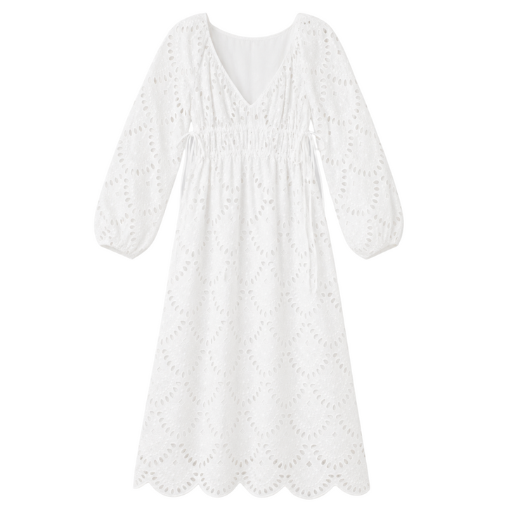 Double Waist Tie Dress - White Scallop Eyelet