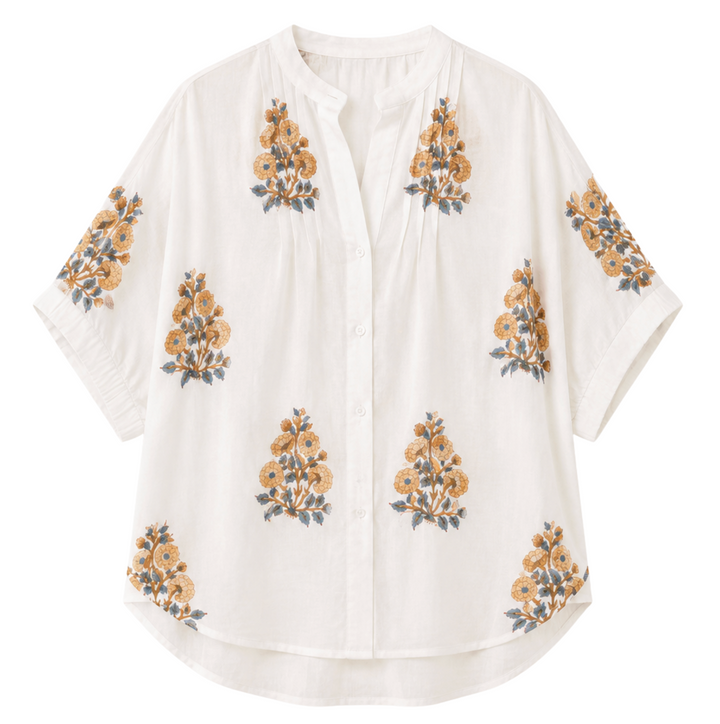Mandarin Collar Top - Tomas Flowers Marigolds Organic