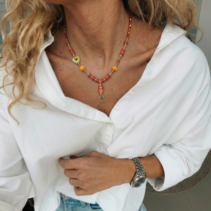Fish Charm Necklace - Red