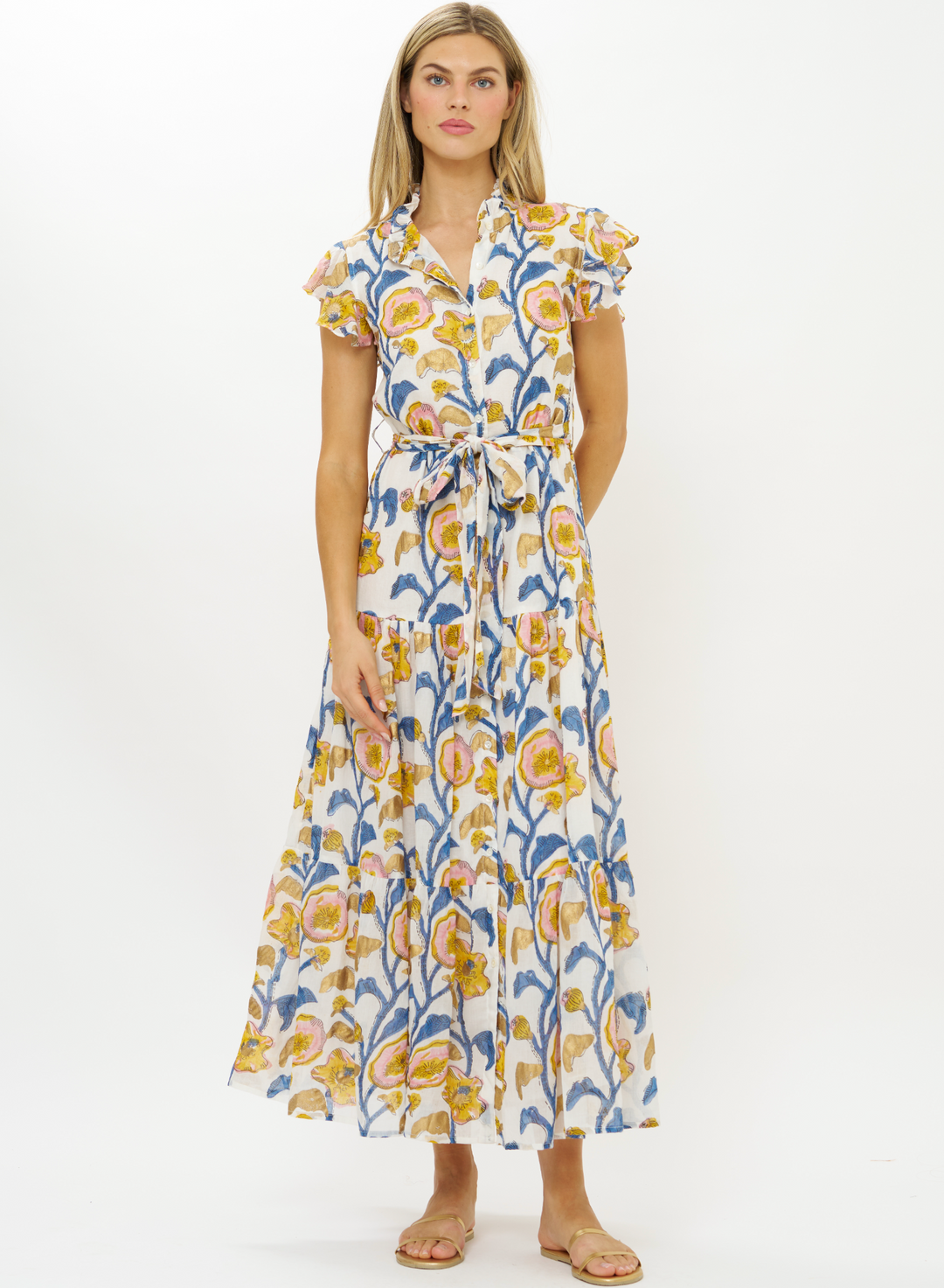 Ruffle Collar Button Maxi - Poppy Marigold