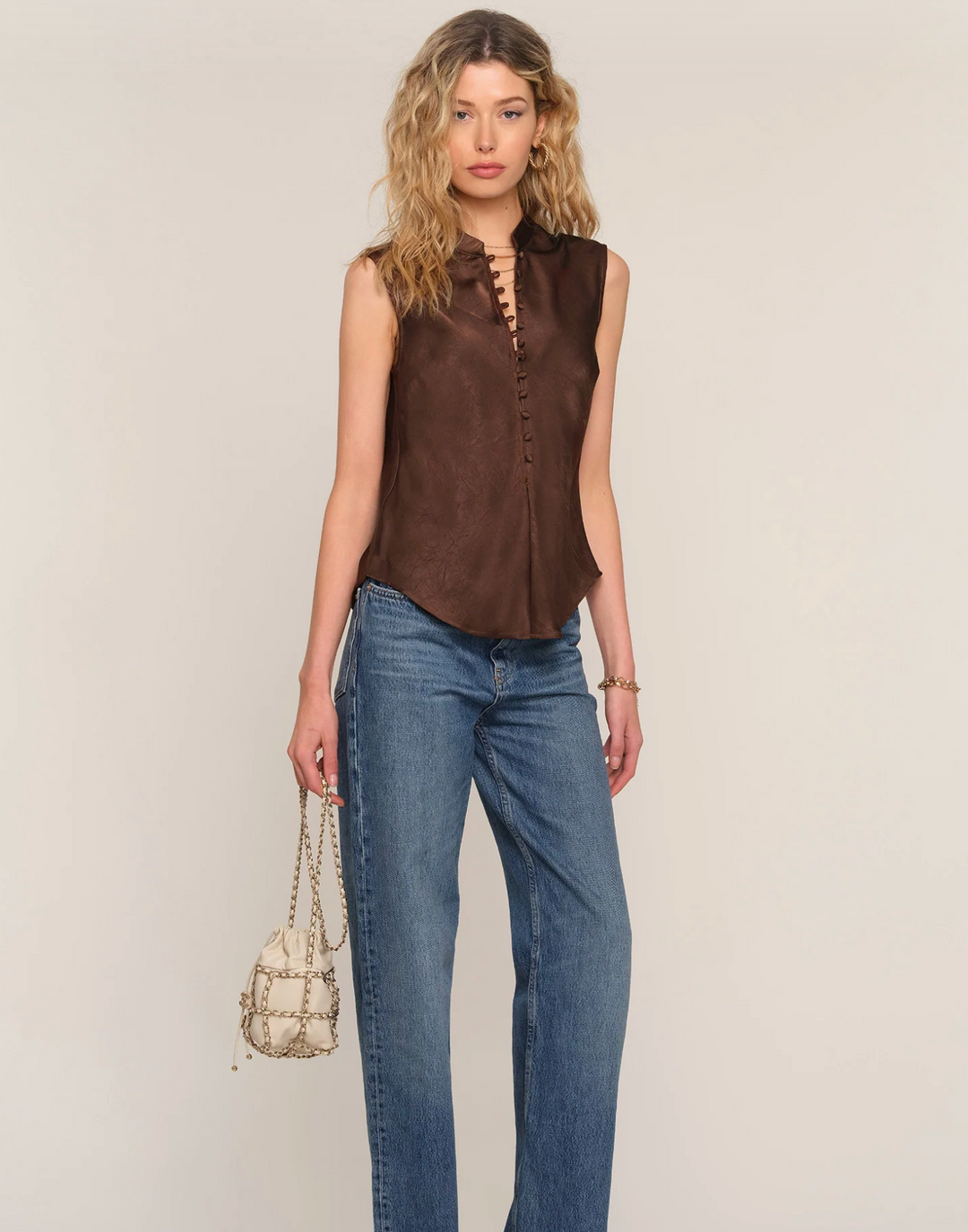 Satin Button Top – Chocolate