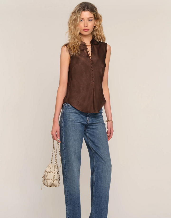 Satin Button Top – Chocolate