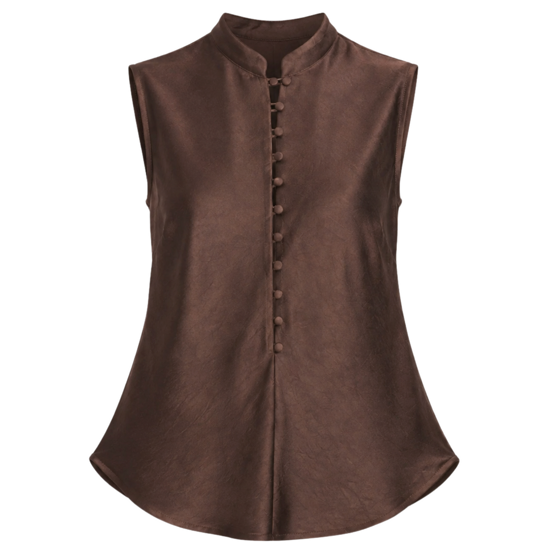 Satin Button Top – Chocolate