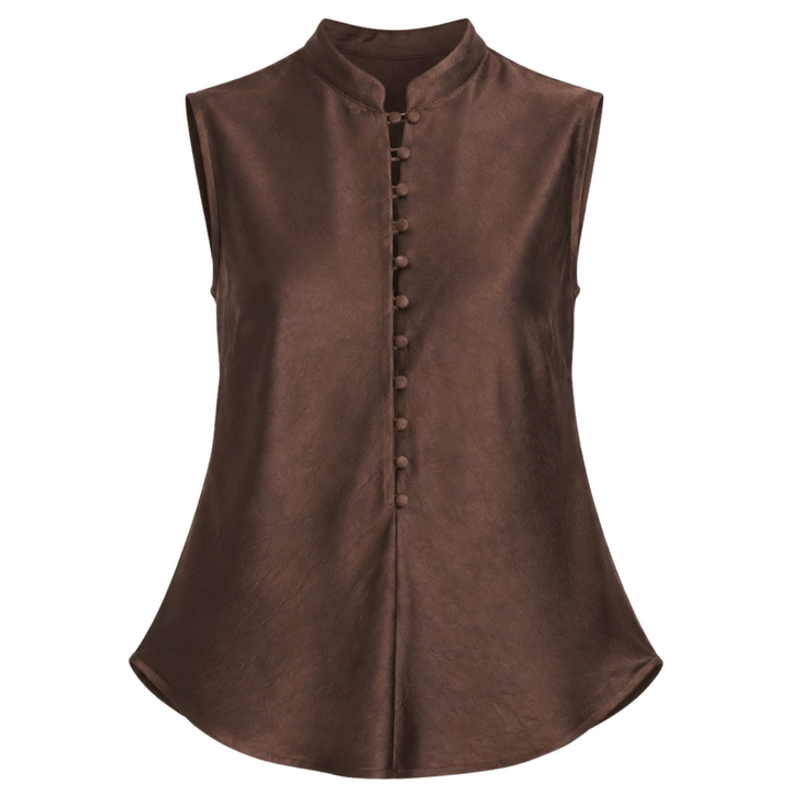 Satin Button Top – Chocolate