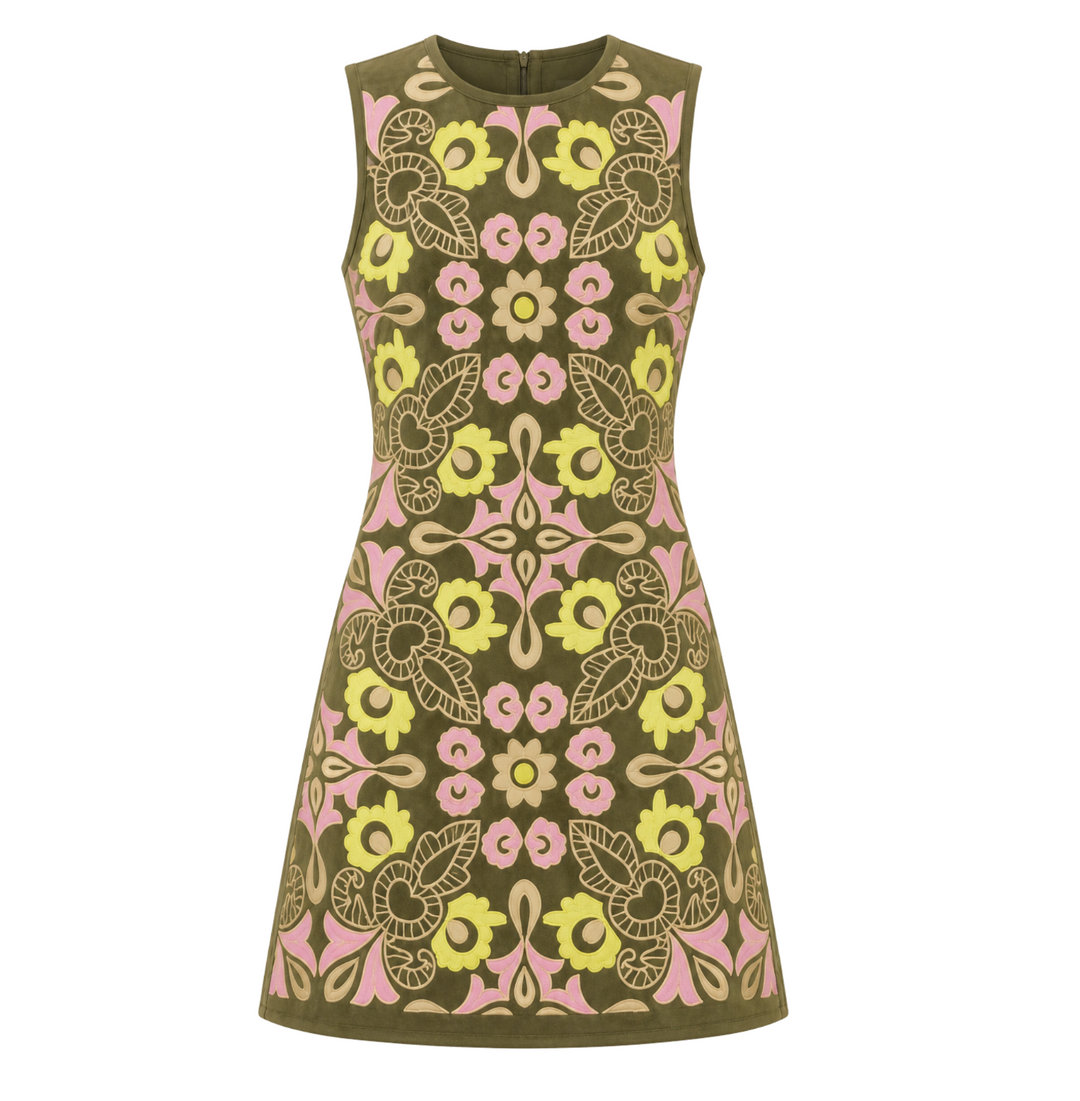 Embroidered Shift Dress - Olive