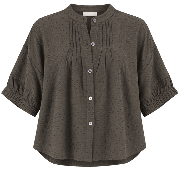 Mandarin Collar Top - Olive Grove Dots