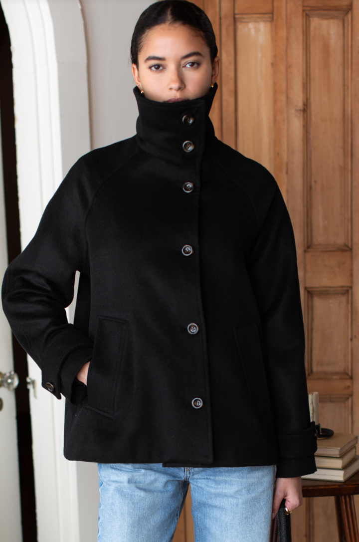 Funnel Neck Coat - Black Wool