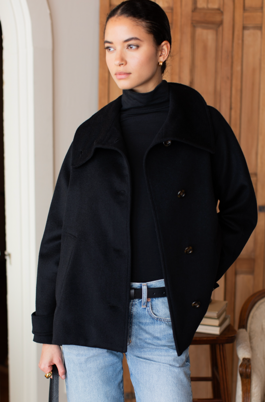 Funnel Neck Coat - Black Wool