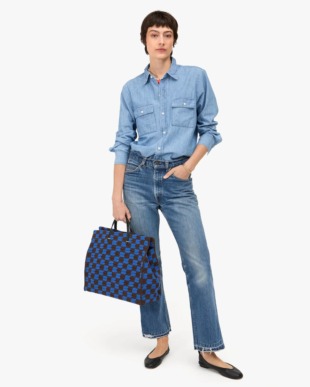 Summer Simple Tote - Deep Blue/Chocolate Checker