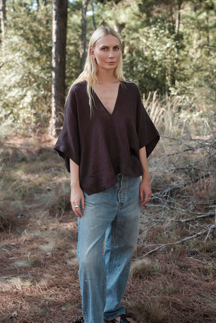 Linen Throw-on Top - Raisin