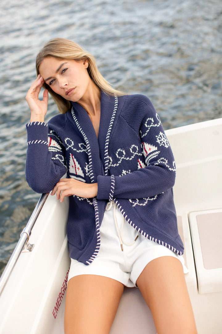 Nautical Intarsia Shawl Cardigan - Navy
