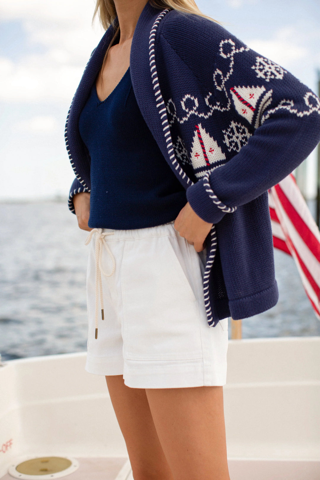 Nautical Intarsia Shawl Cardigan - Navy
