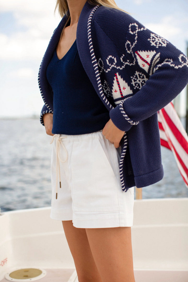 Nautical Intarsia Shawl Cardigan - Navy