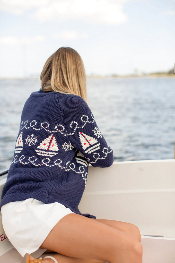 Nautical Intarsia Shawl Cardigan - Navy