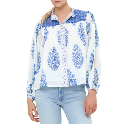 Mandarin Pintuck Blouse - Salvia Blue